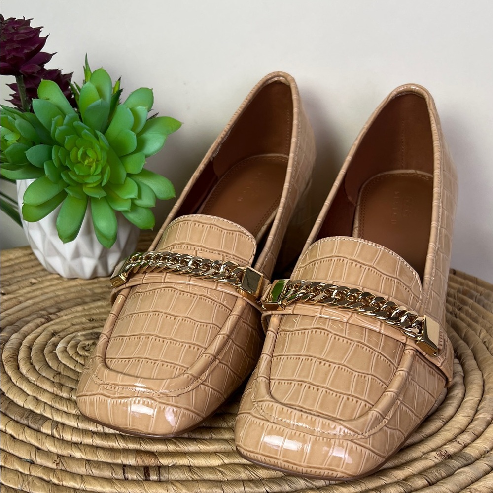 ASOS Tan Croc-Patterned Sinclair Loafers 10 Wide Fit Square Toe - Picture 3 of 9